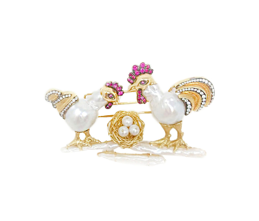 Rooster and Hen Cultured SS Pearl Brooch [ GET A QUOTE ]